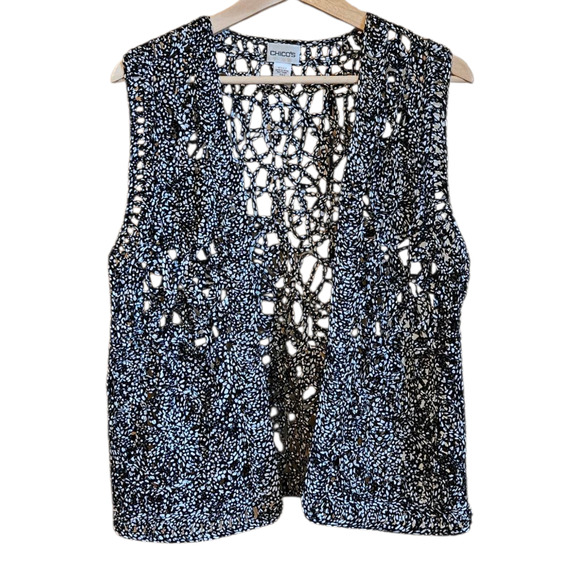 Chico's Silk Vest Open Front Crochet Black White Women's Size 2 (Large) - Picture 1 of 6